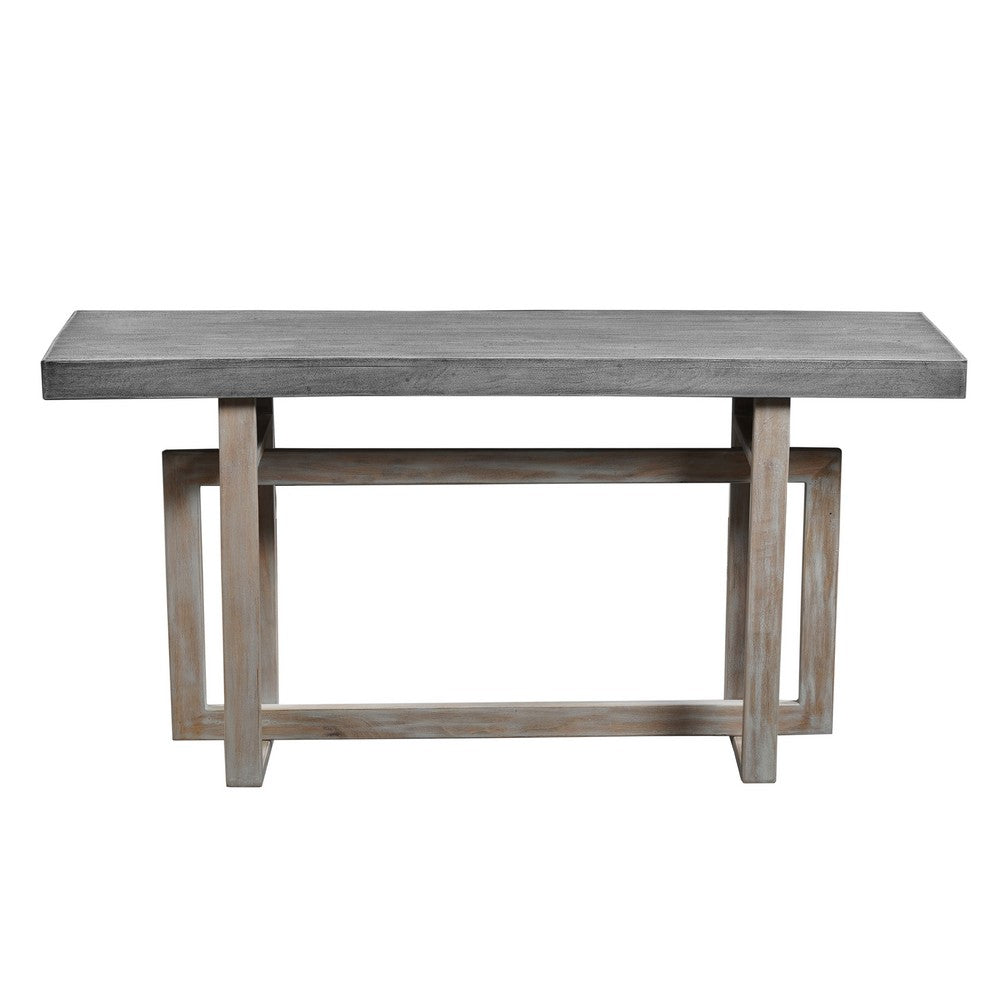 59 Inch Artisan Crafted Farmhouse Console Table with Geometric Interlocked Base, Rustic Light Brown - UPT-262415