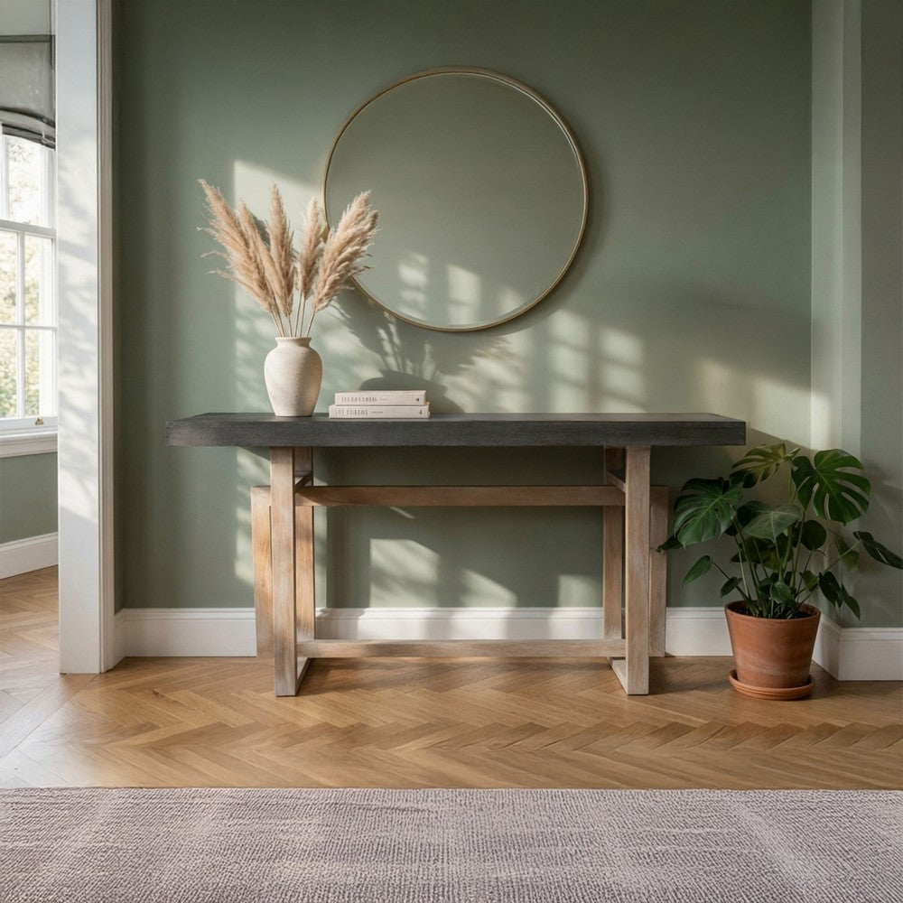 59 Inch Artisan Sideboard Console Table with Geometric Interlocked Base, Distressed Matte Gray - UPT-262415