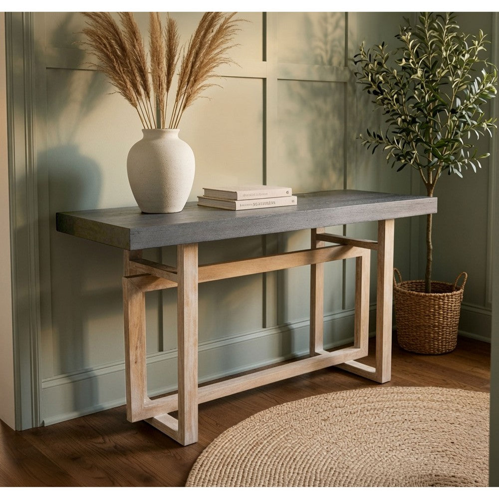 59 Inch Artisan Sideboard Console Table with Geometric Interlocked Base, Distressed Matte Gray - UPT-262415