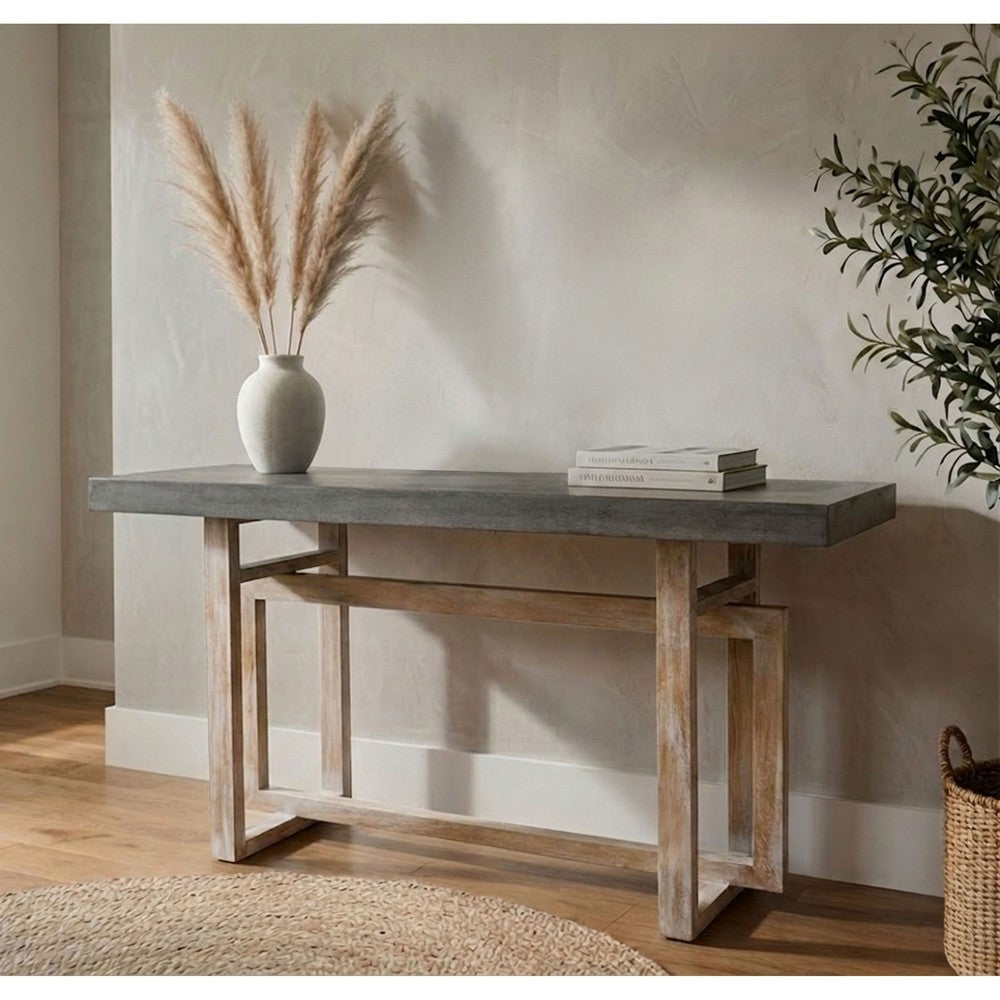 59 Inch Artisan Sideboard Console Table with Geometric Interlocked Base, Distressed Matte Gray - UPT-262415