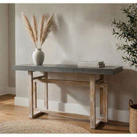 59 Inch Artisan Sideboard Console Table with Geometric Interlocked Base, Distressed Matte Gray - UPT-262415