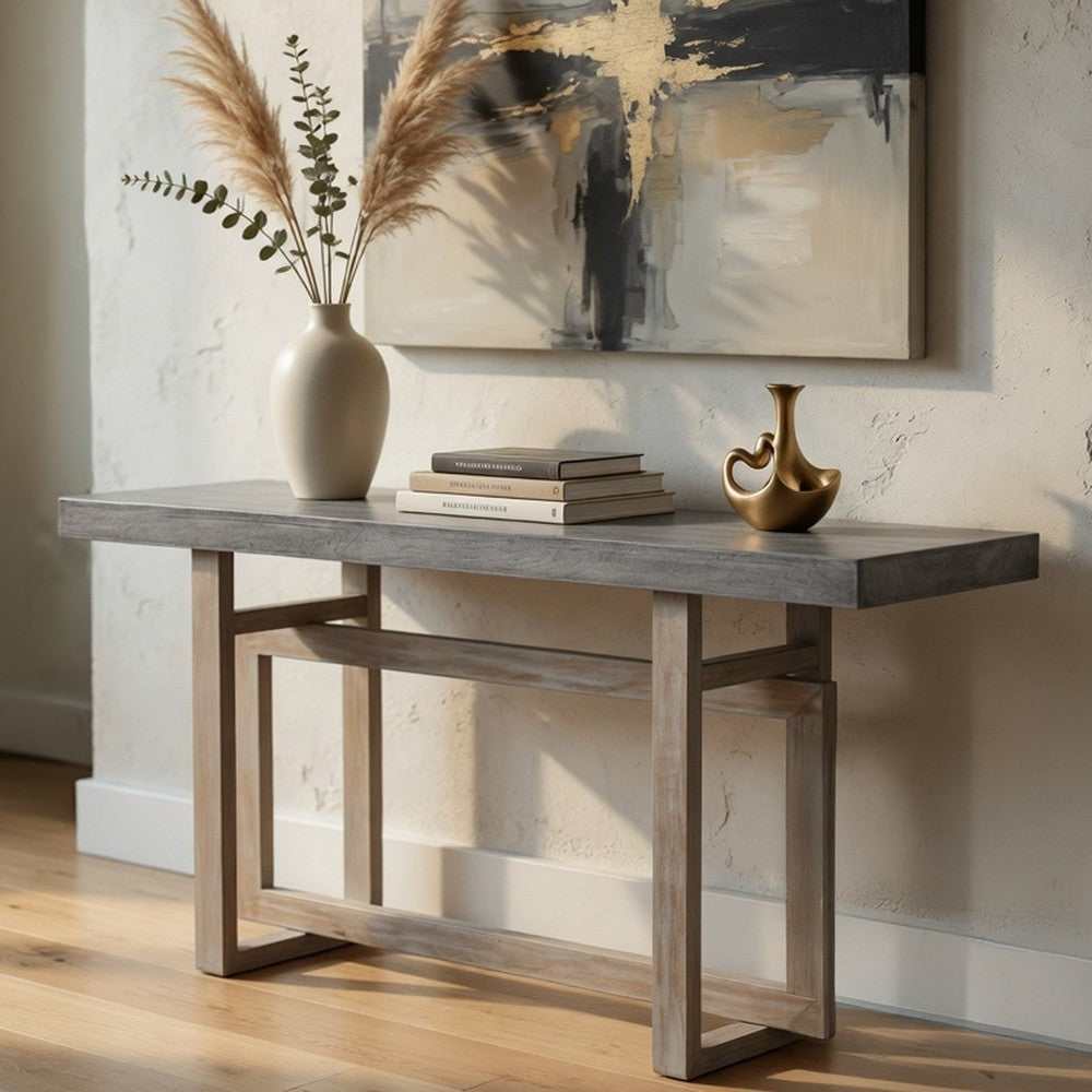 59 Inch Artisan Sideboard Console Table with Geometric Interlocked Base, Distressed Matte Gray - UPT-262415