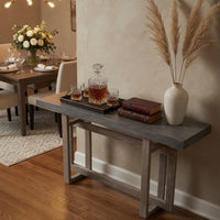 59 Inch Artisan Sideboard Console Table with Geometric Interlocked Base, Distressed Matte Gray - UPT-262415