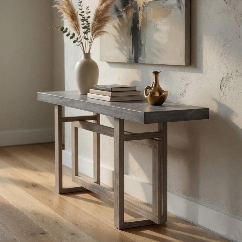 59 Inch Artisan Sideboard Console Table with Geometric Interlocked Base, Distressed Matte Gray - UPT-262415