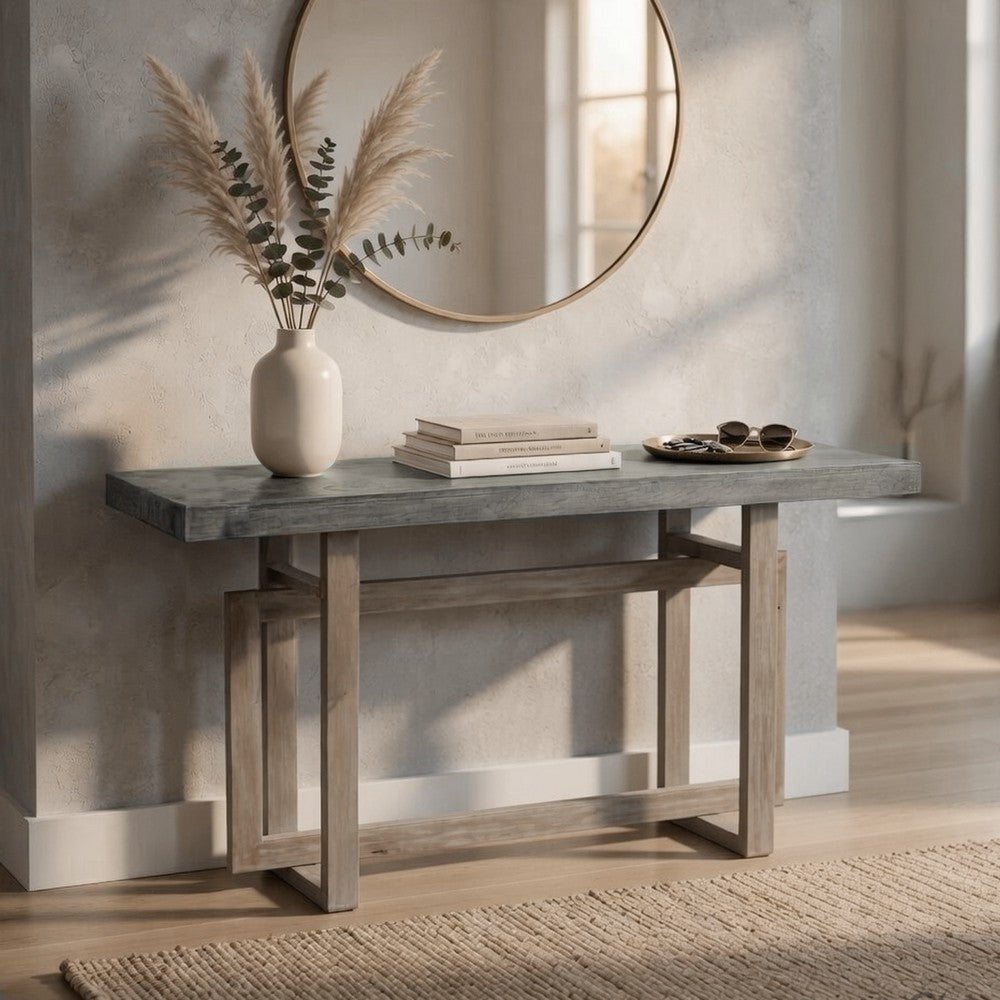 59 Inch Artisan Sideboard Console Table with Geometric Interlocked Base, Distressed Matte Gray - UPT-262415