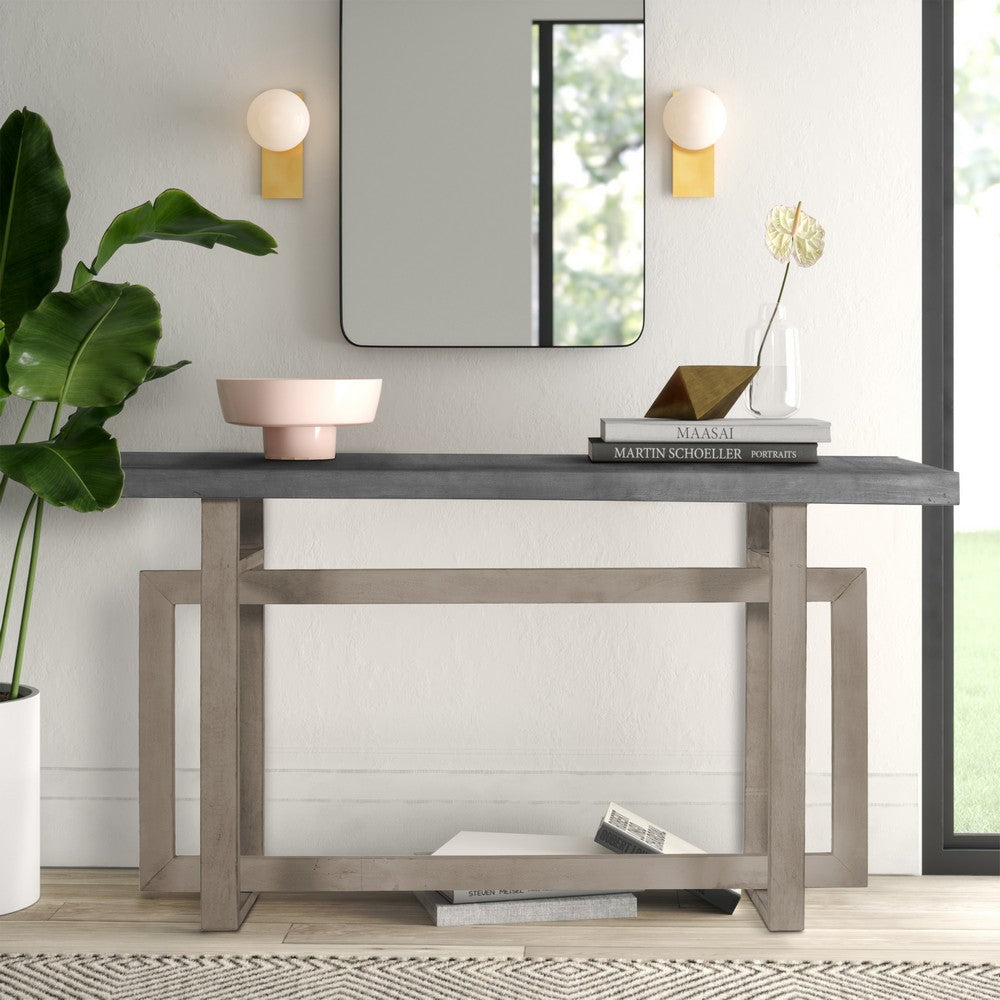 59 Inch Artisan Crafted Farmhouse Console Table with Geometric Interlocked Base, Rustic Light Brown - UPT-262415