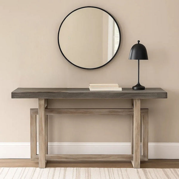 59 Inch Artisan Sideboard Console Table with Geometric Interlocked Base, Distressed Matte Gray - UPT-262415