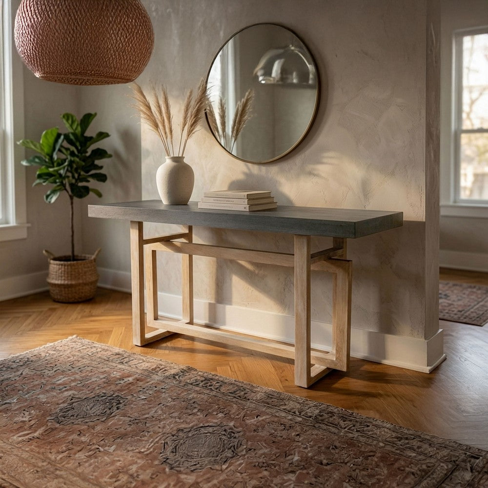 59 Inch Artisan Sideboard Console Table with Geometric Interlocked Base, Distressed Matte Gray - UPT-262415