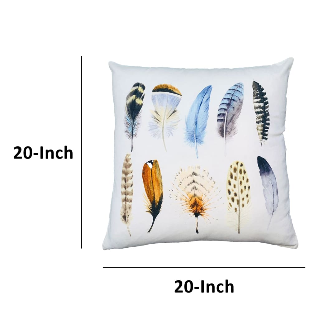 20 x 20 Square Cotton Accent Throw Pillows, Printed Feather Design, Set of 2, White, Multicolor By The Urban Port