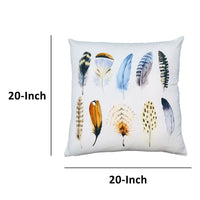 20 x 20 Square Cotton Accent Throw Pillows, Printed Feather Design, Set of 2, White, Multicolor By The Urban Port