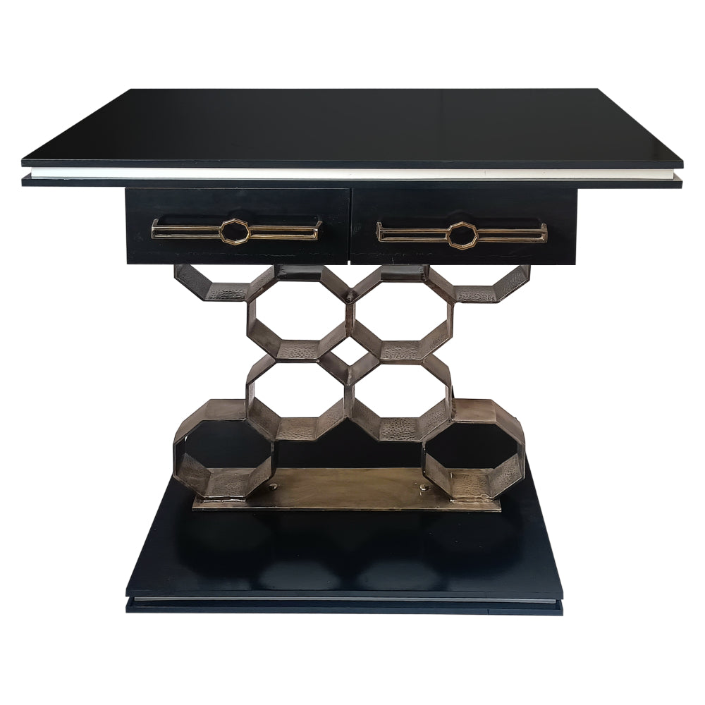 40 Inch Console Table, 2 Drawers, Modern Retro Aluminum Honeycomb Base, Black, Antique Brass - UPT-266403