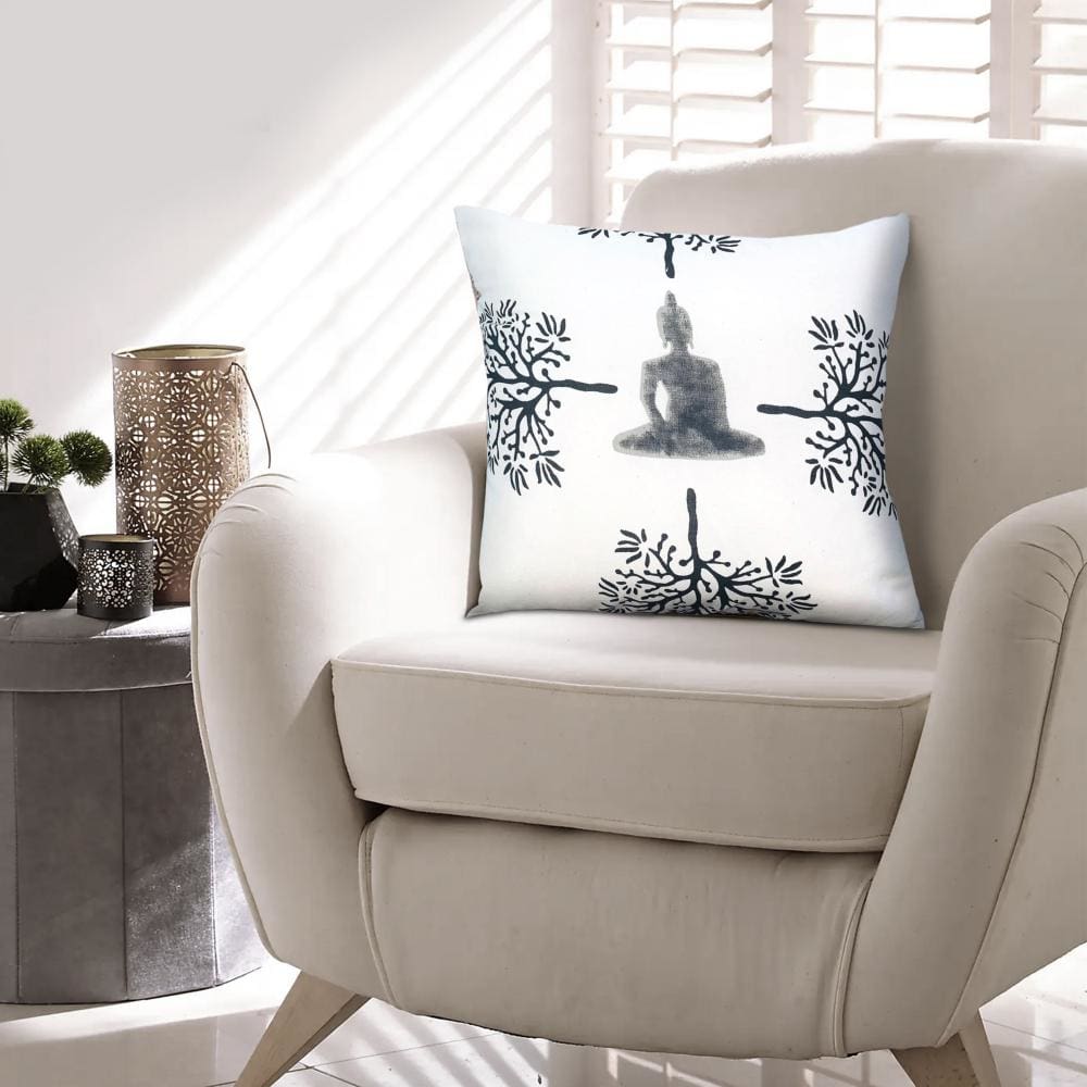 18 x 18 Square Accent Throw Pillows, Meditating Buddha, Polyester Filling, Set of 2, Gray, White By The Urban Port