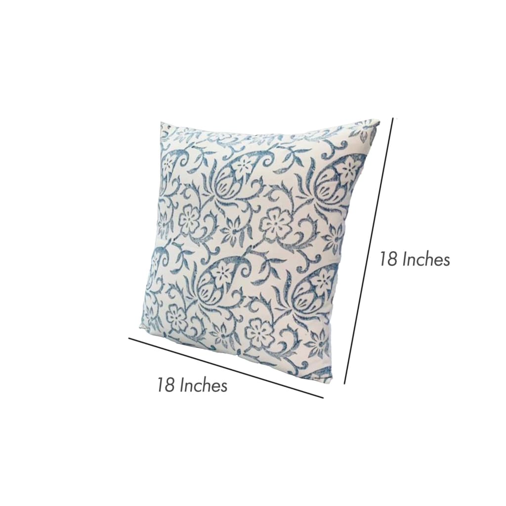 18 x 18 Square Accent Pillows, Paisley Floral Pattern, Cotton Cover, Set of 2, Blue, White By The Urban Port