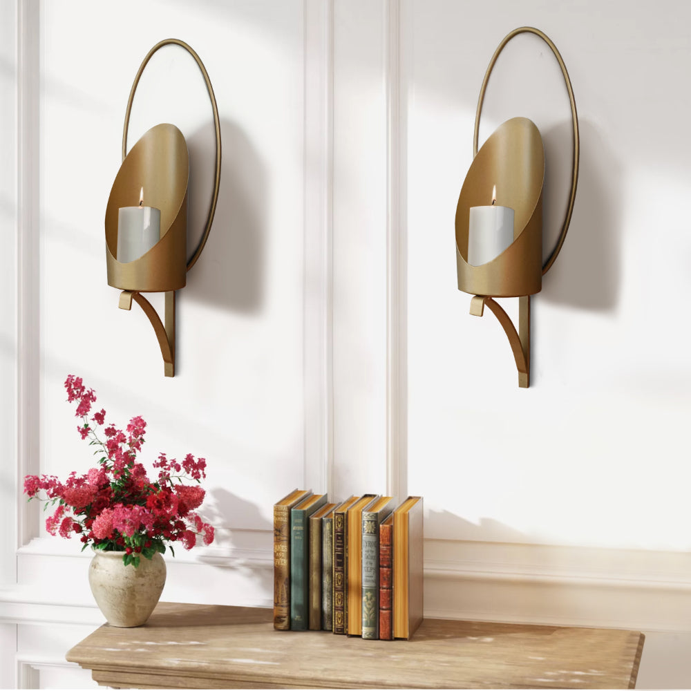 22 Inch Wall Sconce Candle Holder, Modern Tulip Shape, Set of 2, Matte Gold Frame - UPT-270040