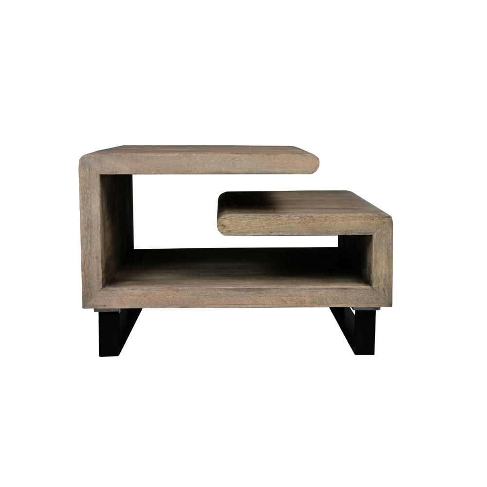 30 Inch Handcrafted Geometric G Coffee Table, Weathered Gray Mango Wood Frame, Black Powder Coated Base - UPT-270551