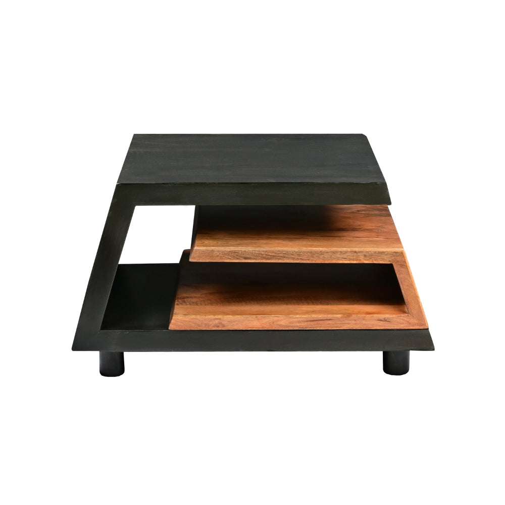 33 Inch Handcrafted Coffee Table, Geometric Dark Walnut and Natural Mango Wood Frame, Block Legs - UPT-270553