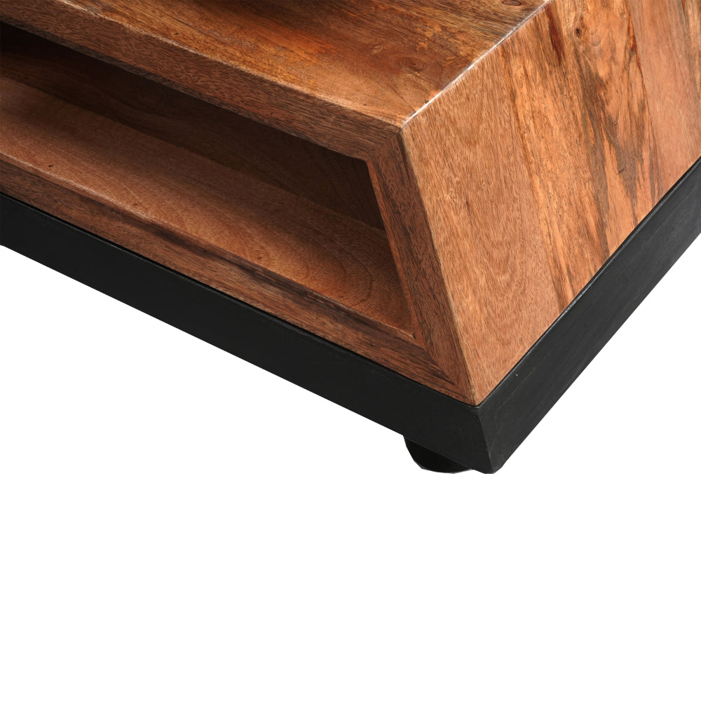 33 Inch Handcrafted Coffee Table, Geometric Dark Walnut and Natural Mango Wood Frame, Block Legs - UPT-270553