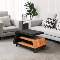 33 Inch Handcrafted Coffee Table, Geometric Dark Walnut and Natural Mango Wood Frame, Block Legs - UPT-270553