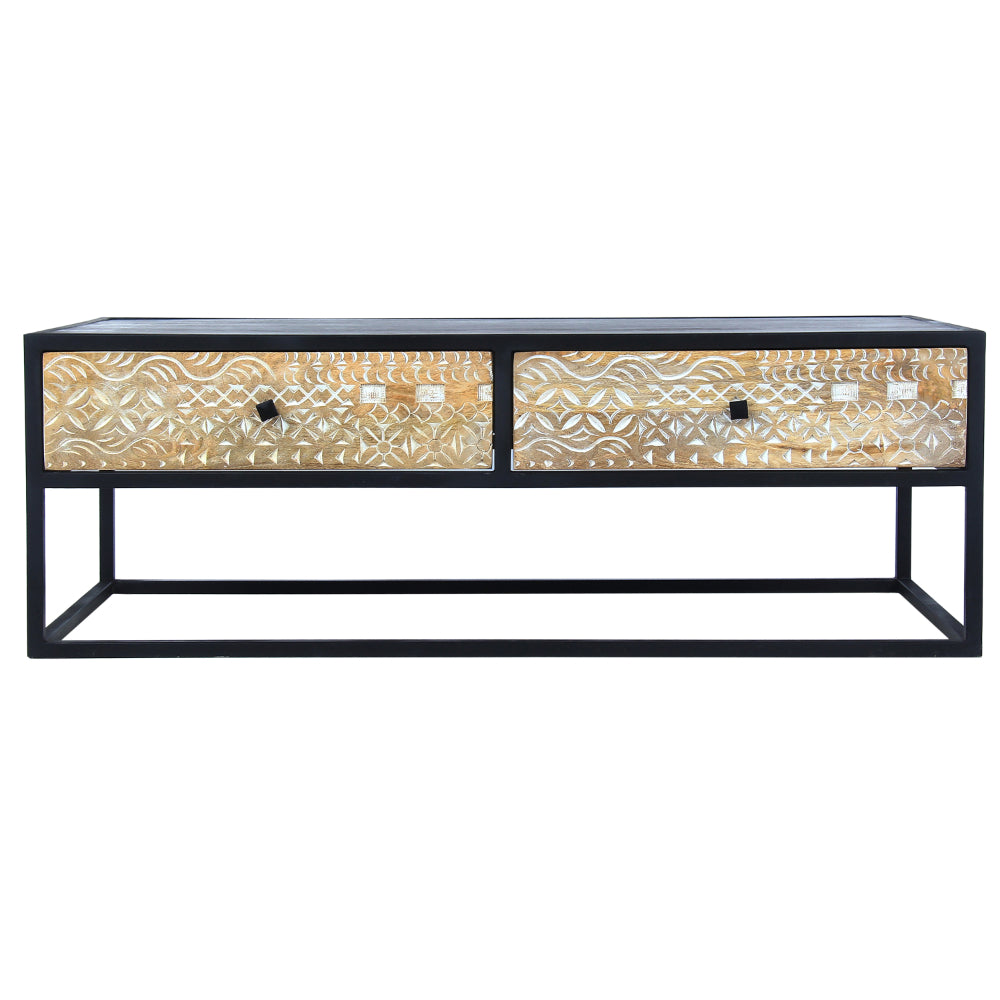 45 Inch Carson Rectangular Mango Wood Coffee Table with Metal Frame and 2 Drawers, Brown and Black - UPT-270555