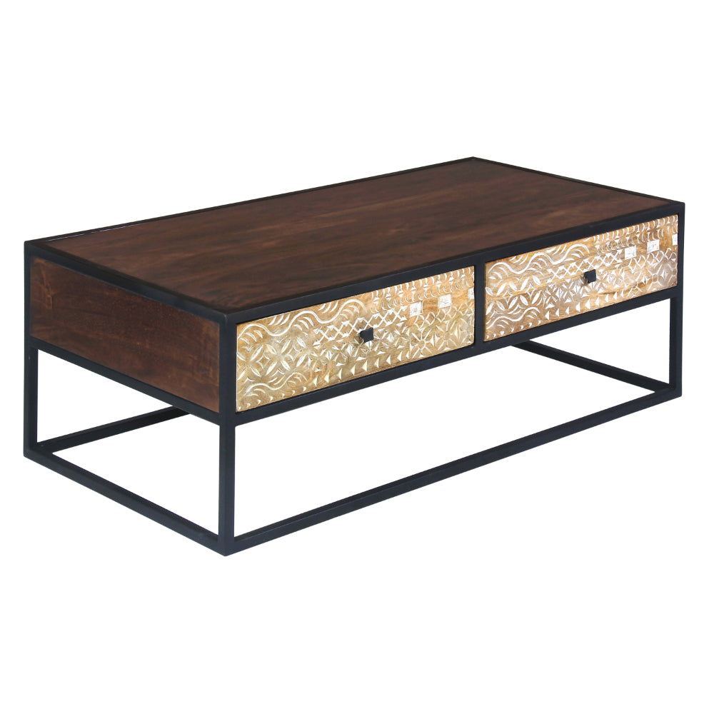 45 Inch Carson Rectangular Mango Wood Coffee Table with Metal Frame and 2 Drawers, Brown and Black - UPT-270555