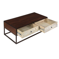 45 Inch Carson Rectangular Mango Wood Coffee Table with Metal Frame and 2 Drawers, Brown and Black - UPT-270555