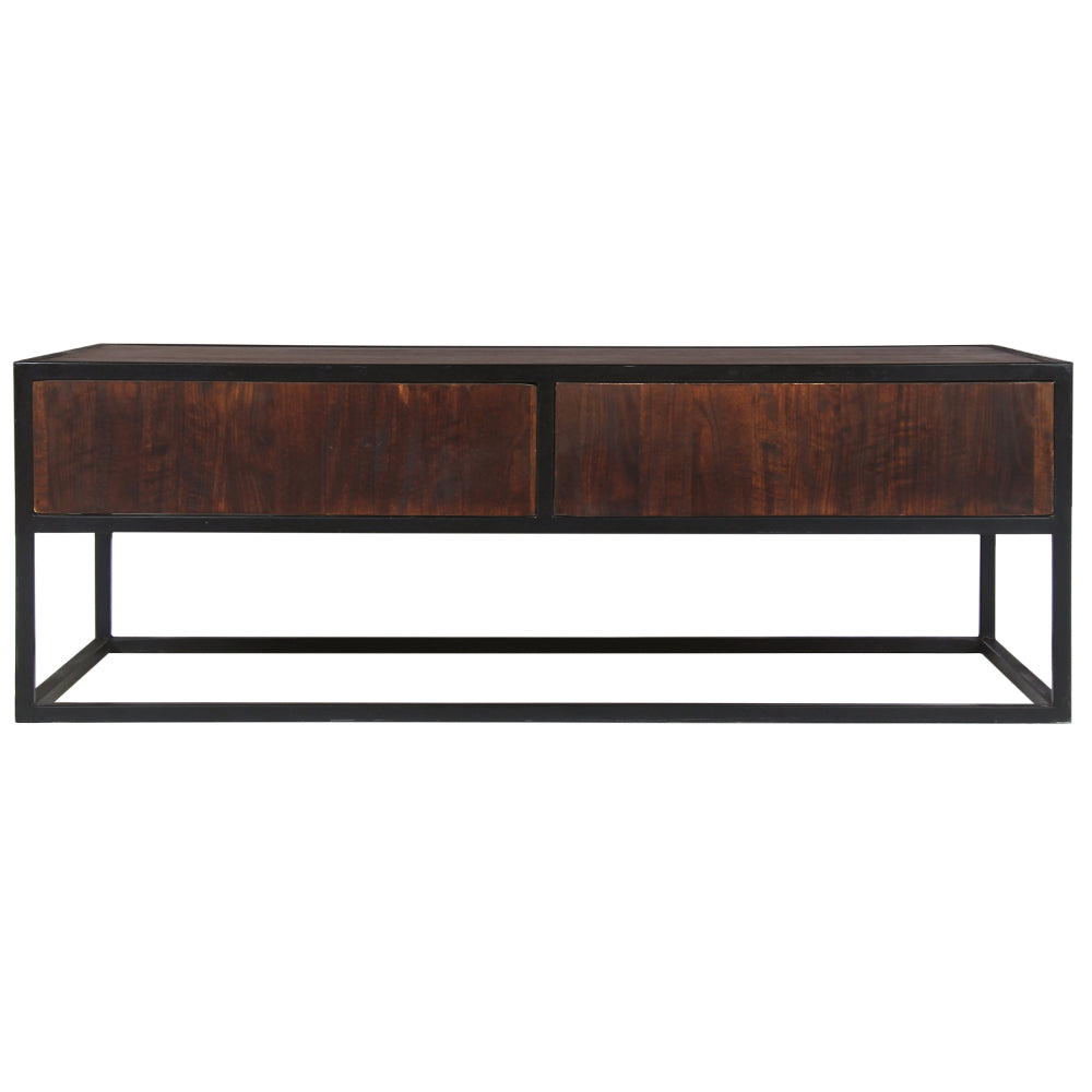 45 Inch Carson Rectangular Mango Wood Coffee Table with Metal Frame and 2 Drawers, Brown and Black - UPT-270555