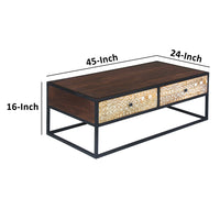 45 Inch Carson Rectangular Mango Wood Coffee Table with Metal Frame and 2 Drawers, Brown and Black - UPT-270555