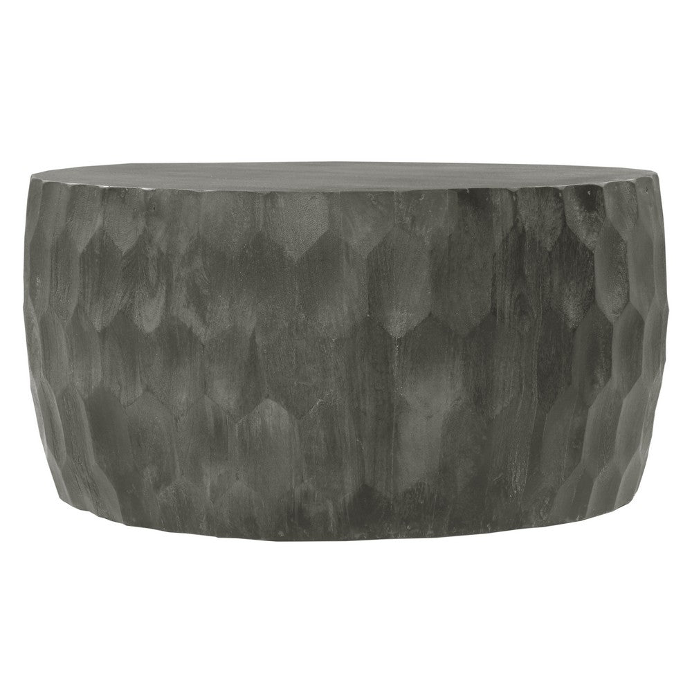 33 Inch Wooden Round Drum Coffee Table with Geometric Carved Pattern, Gray - UPT-270557