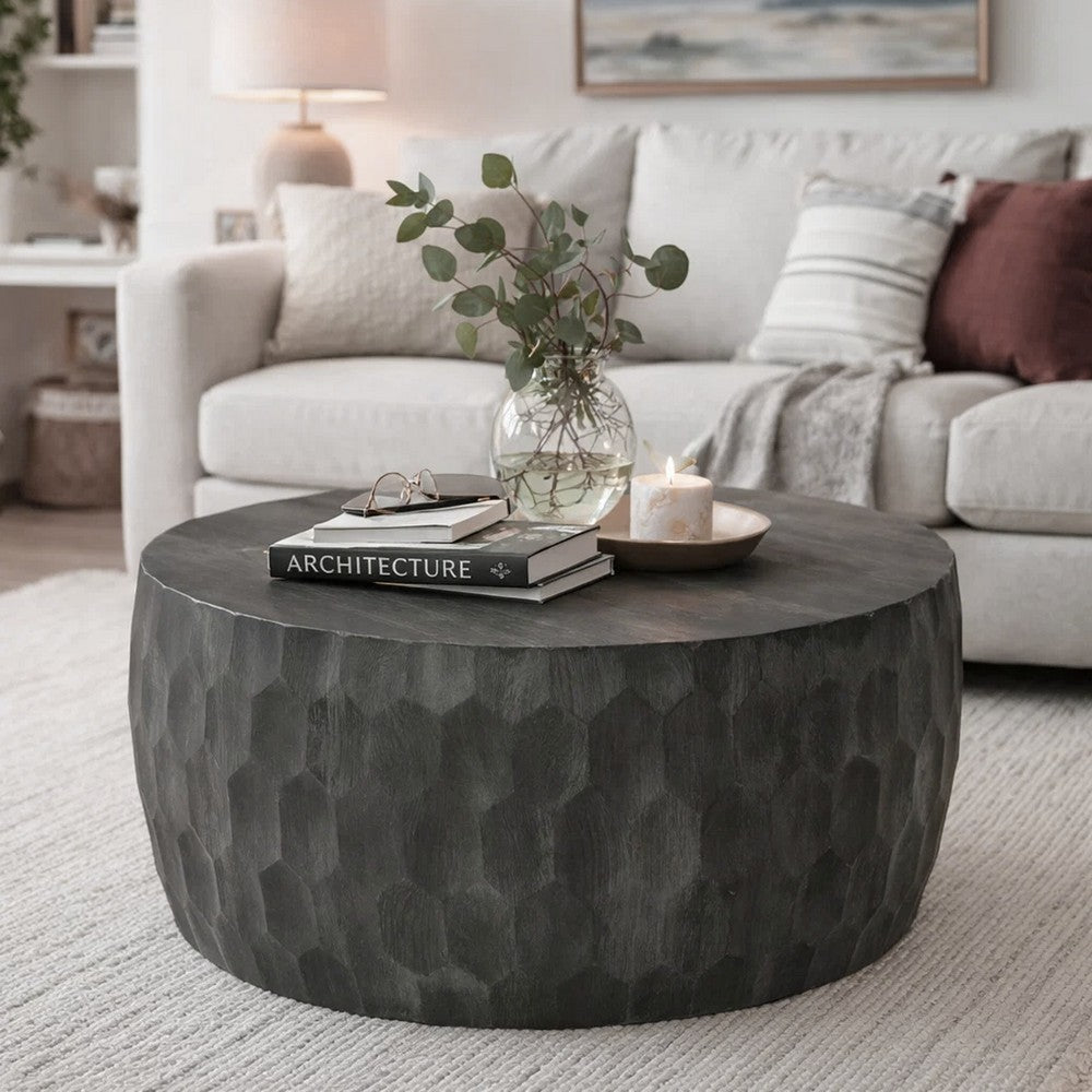 33 Inch Wooden Round Drum Coffee Table with Geometric Carved Pattern, Gray - UPT-270557