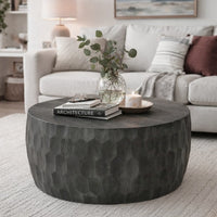 33 Inch Wooden Round Drum Coffee Table with Geometric Carved Pattern, Gray - UPT-270557