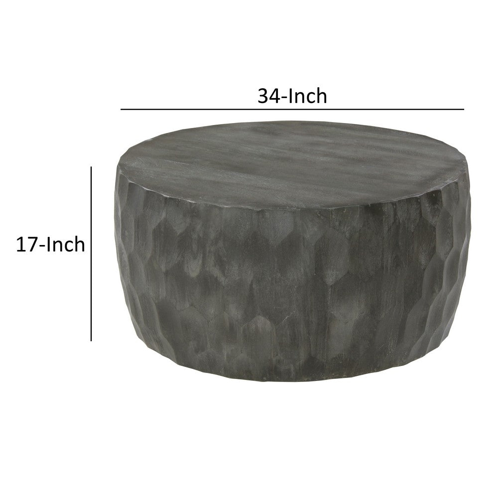 33 Inch Wooden Round Drum Coffee Table with Geometric Carved Pattern, Gray - UPT-270557