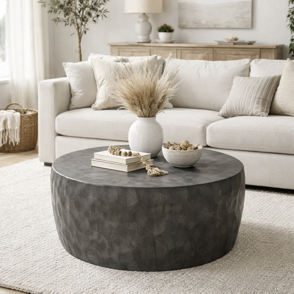 33 Inch Wooden Round Drum Coffee Table with Geometric Carved Pattern, Gray - UPT-270557