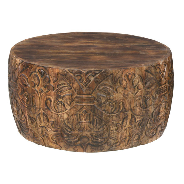 33 Inch Round Coffee Table with Damask Carved Pattern and Wooden Frame, Walnut Brown - UPT-270560