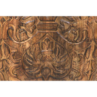 33 Inch Round Coffee Table with Damask Carved Pattern and Wooden Frame, Walnut Brown - UPT-270560