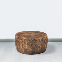 33 Inch Round Coffee Table with Damask Carved Pattern and Wooden Frame, Walnut Brown - UPT-270560