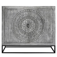 Zera 39 Inch Handcrafted Accent Cabinet with 2 Doors, Medallion Engraved, Sandblasted Gray Mango Wood, Black Iron Framed Stand- UPT-271294