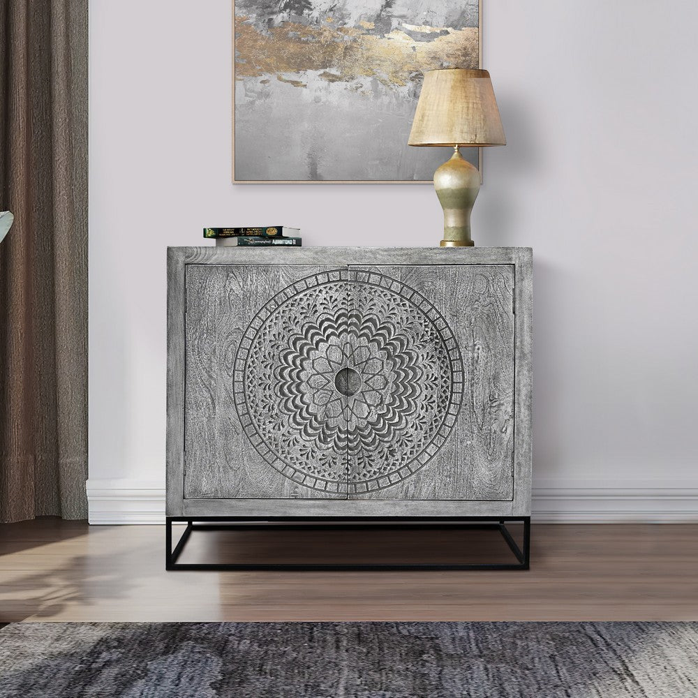Zera 39 Inch Handcrafted Accent Cabinet with 2 Doors, Medallion Engraved, Sandblasted Gray Mango Wood, Black Iron Framed Stand- UPT-271294