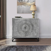 Zera 39 Inch Handcrafted Accent Cabinet with 2 Doors, Medallion Engraved, Sandblasted Gray Mango Wood, Black Iron Framed Stand- UPT-271294