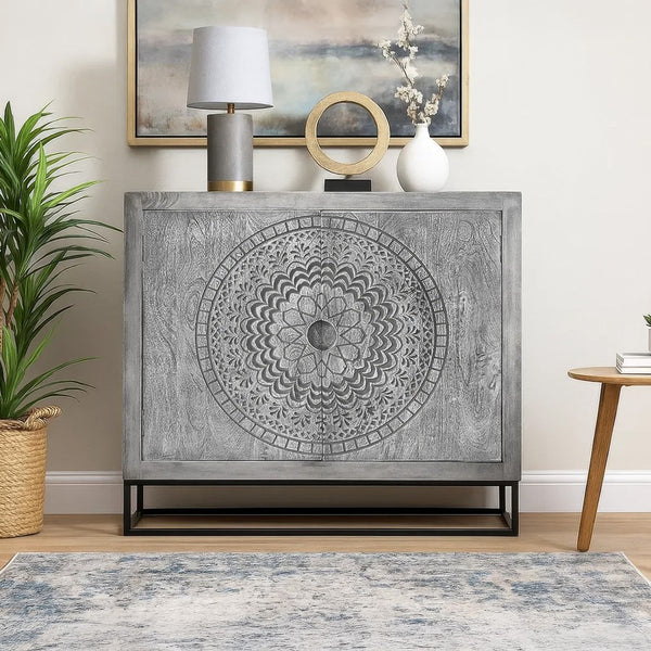 Zera 39 Inch Handcrafted Accent Cabinet with 2 Doors, Medallion Engraved, Sandblasted Gray Mango Wood, Black Iron Framed Stand- UPT-271294