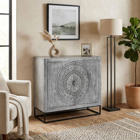 Zera 39 Inch Handcrafted Accent Cabinet with 2 Doors, Medallion Engraved, Sandblasted Gray Mango Wood, Black Iron Framed Stand- UPT-271294