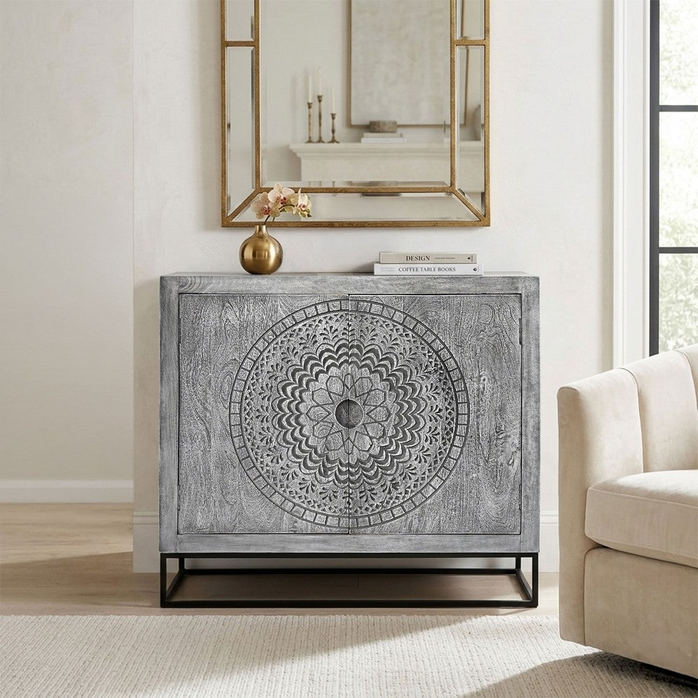 Zera 39 Inch Handcrafted Accent Cabinet with 2 Doors, Medallion Engraved, Sandblasted Gray Mango Wood, Black Iron Framed Stand- UPT-271294