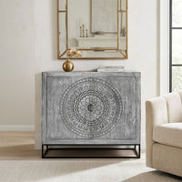 Zera 39 Inch Handcrafted Accent Cabinet with 2 Doors, Medallion Engraved, Sandblasted Gray Mango Wood, Black Iron Framed Stand- UPT-271294