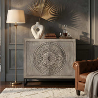 Zera 39 Inch Handcrafted Accent Cabinet with 2 Doors, Medallion Engraved, Sandblasted Gray Mango Wood, Black Iron Framed Stand- UPT-271294