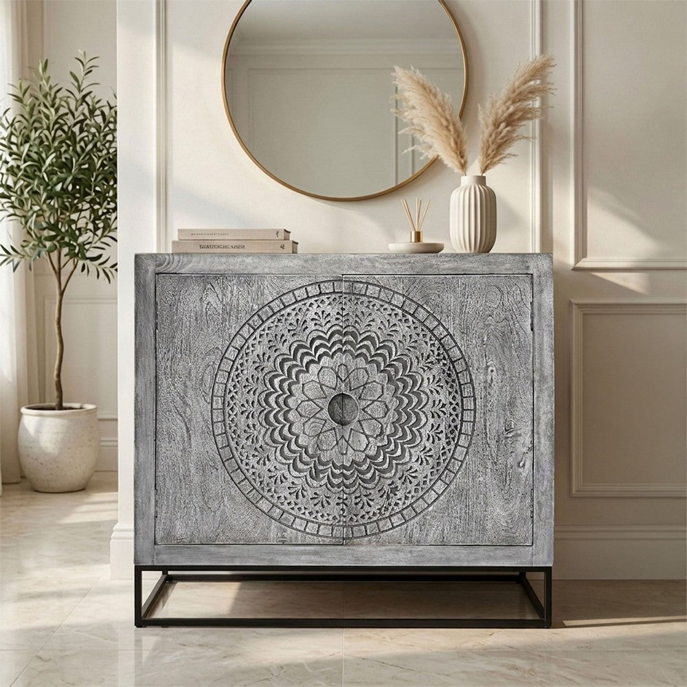 Zera 39 Inch Handcrafted Accent Cabinet with 2 Doors, Medallion Engraved, Sandblasted Gray Mango Wood, Black Iron Framed Stand- UPT-271294