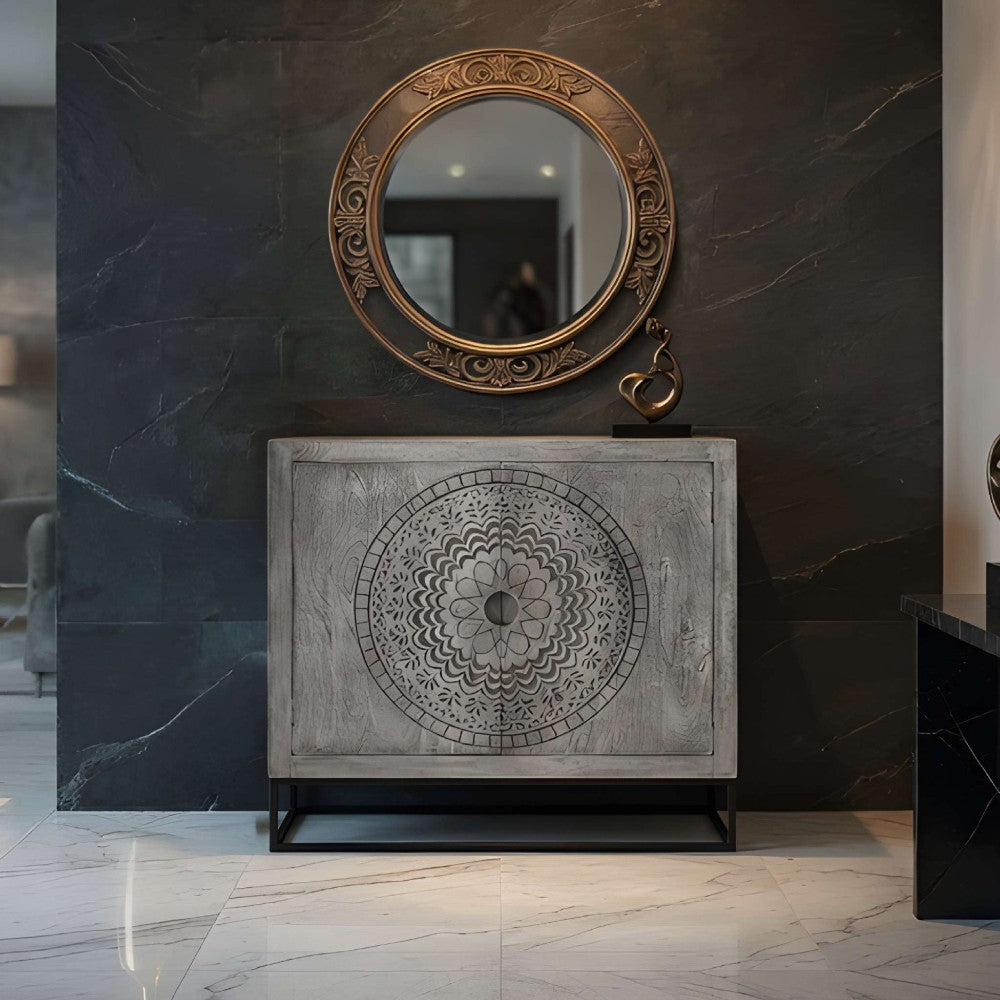 Zera 39 Inch Handcrafted Accent Cabinet with 2 Doors, Medallion Engraved, Sandblasted Gray Mango Wood, Black Iron Framed Stand- UPT-271294