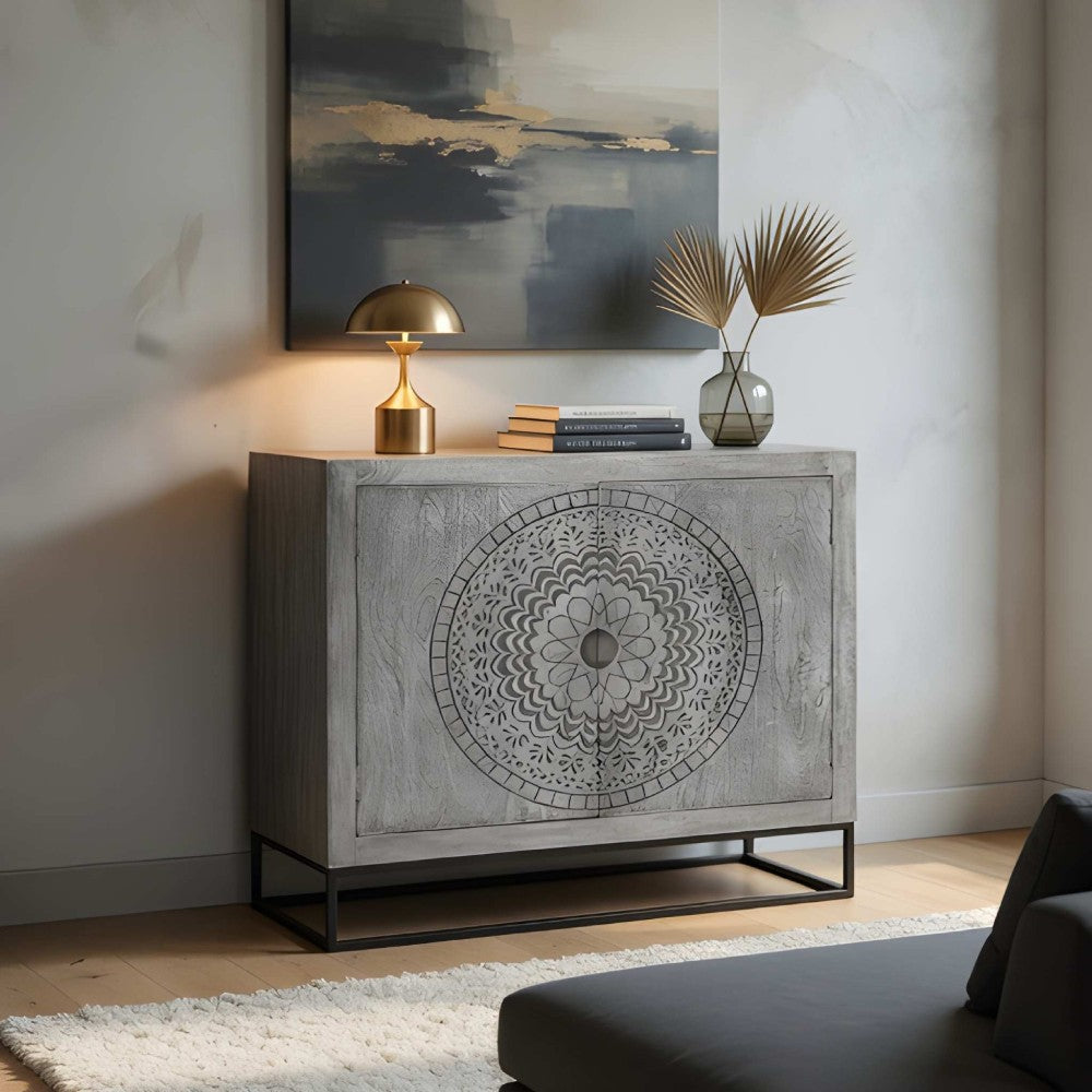 Zera 39 Inch Handcrafted Accent Cabinet with 2 Doors, Medallion Engraved, Sandblasted Gray Mango Wood, Black Iron Framed Stand- UPT-271294