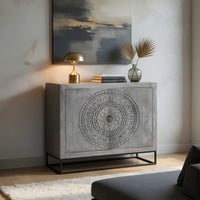 Zera 39 Inch Handcrafted Accent Cabinet with 2 Doors, Medallion Engraved, Sandblasted Gray Mango Wood, Black Iron Framed Stand- UPT-271294