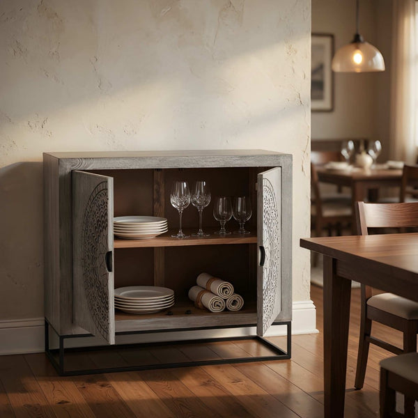 Zera 39 Inch Handcrafted Accent Cabinet with 2 Doors, Medallion Engraved, Sandblasted Gray Mango Wood, Black Iron Framed Stand- UPT-271294