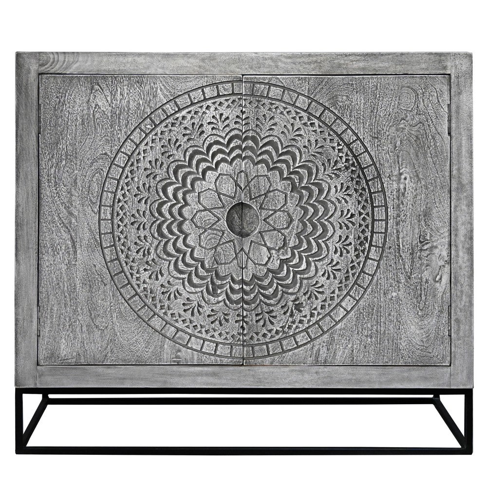 Zera 39 Inch Handcrafted Accent Cabinet with 2 Doors, Medallion Engraved, Sandblasted Gray Mango Wood, Black Iron Framed Stand- UPT-271294