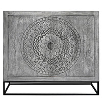 Zera 39 Inch Handcrafted Accent Cabinet with 2 Doors, Medallion Engraved, Sandblasted Gray Mango Wood, Black Iron Framed Stand- UPT-271294
